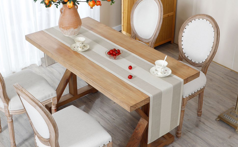 Farmhouse Rustic Striped Table Runner Weave Linen Fabric