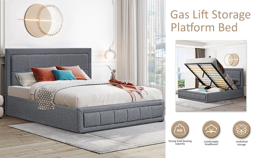 Generic Upholstered Gas Lift Up Bed Frame With Storage, Ottoman Storage