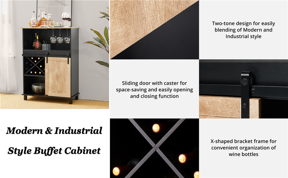 glitzhome Wood Rustic Wine Sideboard 2Section Bar