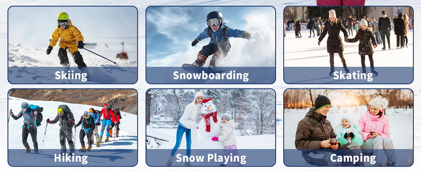 Collection of six winter activity images showing skiing, snowboarding, skating, hiking, snow playing, and camping scenes in snowy environments.