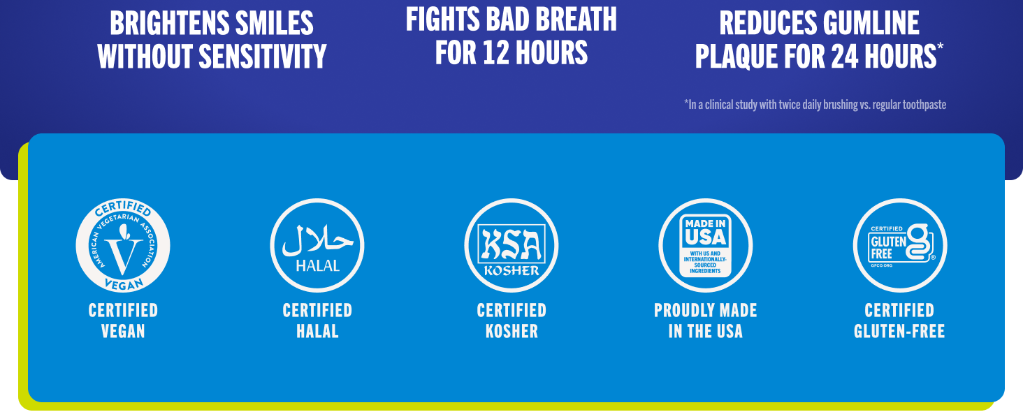 five circular certification logos labeled vegan halal kosher proudly made in the usa and gluten free