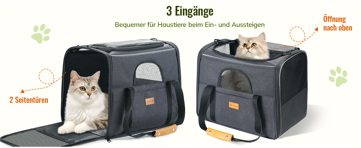Doppelbilder einer grauen Transportbox für Haustiere mit mehreren Eingängen, die ihre Verwendung bei Katzen demonstrieren. Das Produkt zeigt ein erweiterbares Design und mehrere Zugangspunkte