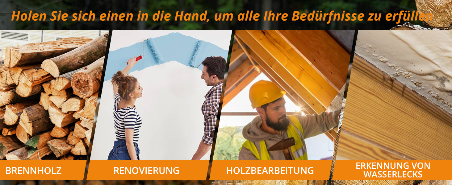 Vierteilige Werbung für Baudienstleistungen, in der Dienstleistungen für Brennholz, Renovierungsarbeiten, Holzbearbeitung und Bewertung von Wasserschäden gezeigt