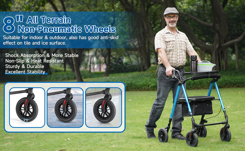 FlyingJoy Rollator Walker Blue 8" Large 4 Wheels Rolling