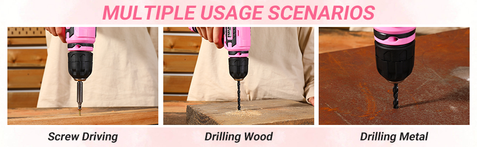 Three-panel image showing a handheld electric screwdriver in use. Panels labeled 'Screw Driving', 'Drilling Wood', and 'Drilling Metal' demonstrate different applications.