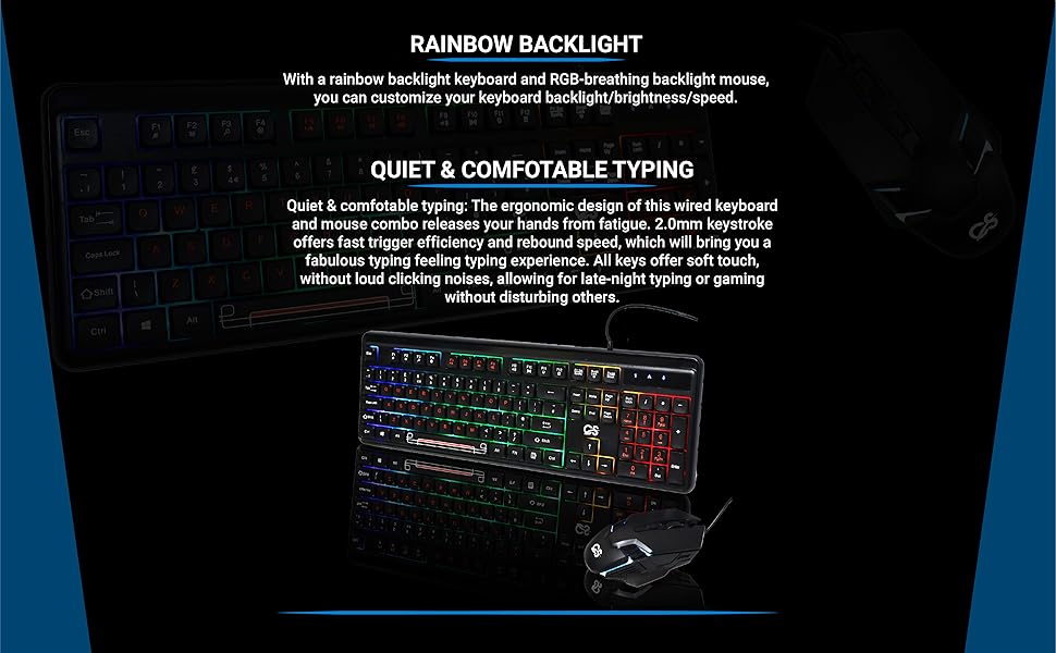 Gaming keyboard with rainbow backlit keys and a matching mouse. Text highlights rainbow backlight feature and quiet, comfortable typing experience.