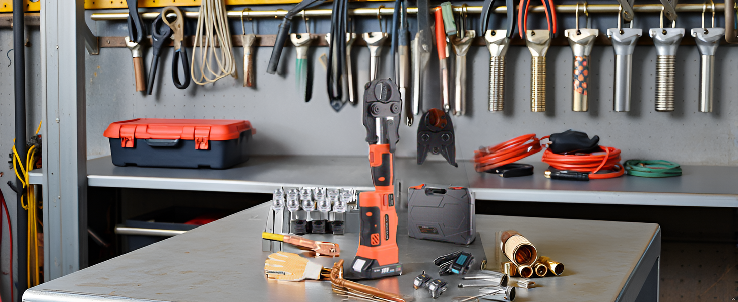 A workbench with various tools and the product lying on it.