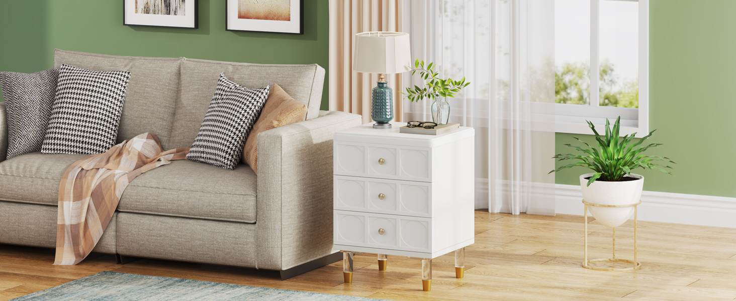 Tribesigns 3Drawer Nightstand Tall White and Gold Bedside