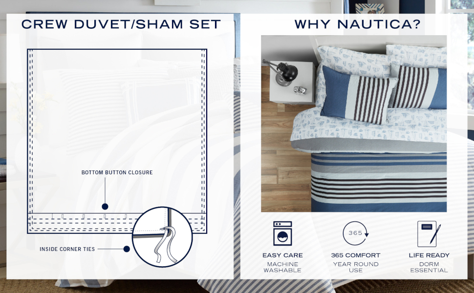 crew duvet set, dorm essentials, year round duvets, bedding sets, stripe duvets, duvet sham set
