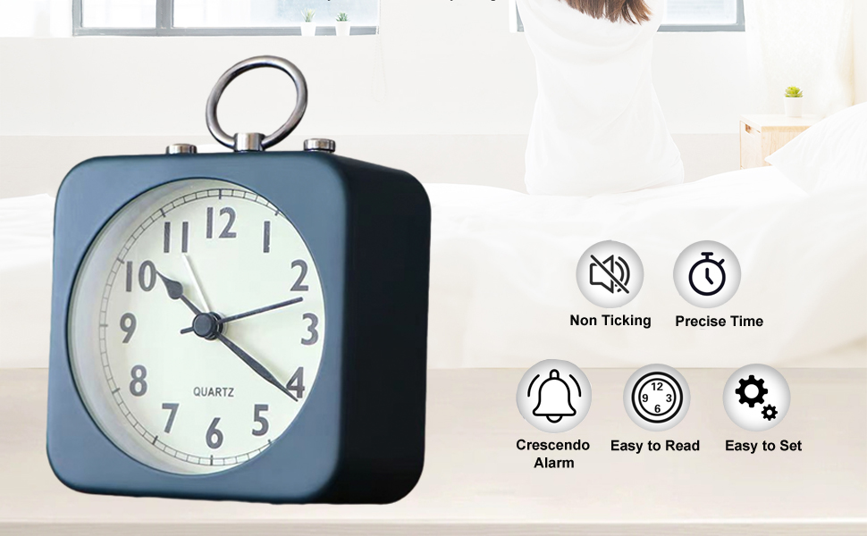 Alarm Clock, Silent & Non Ticking Alarm Clocks Bedside Metal Square