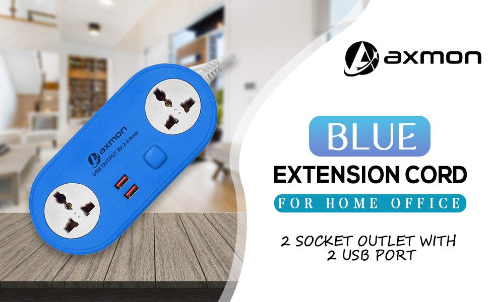 Axmon Extension Cord with [2 Socket with 2 USB Charging Ports] for Home Office- Blue,SPN-MX9E8