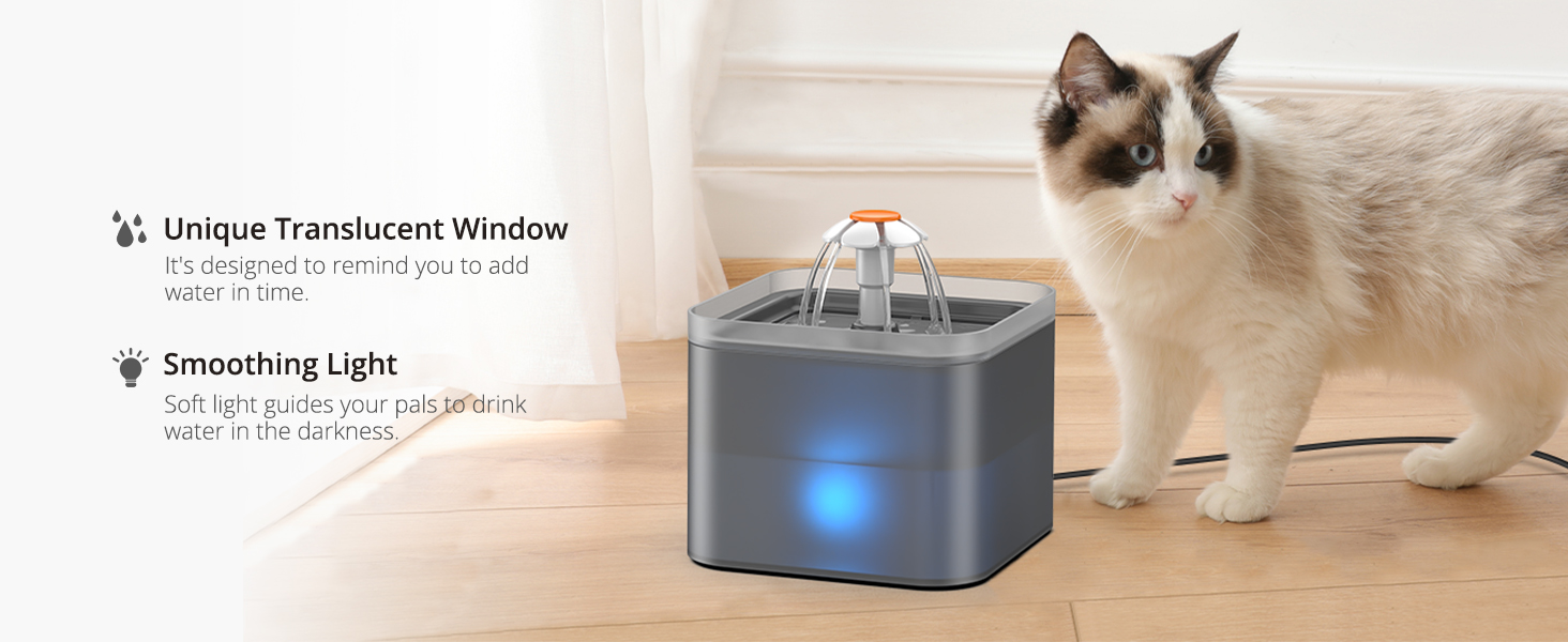 NICREW Cat Water Fountain, Ultra Quiet Cat Fountain with LED Light, 2L