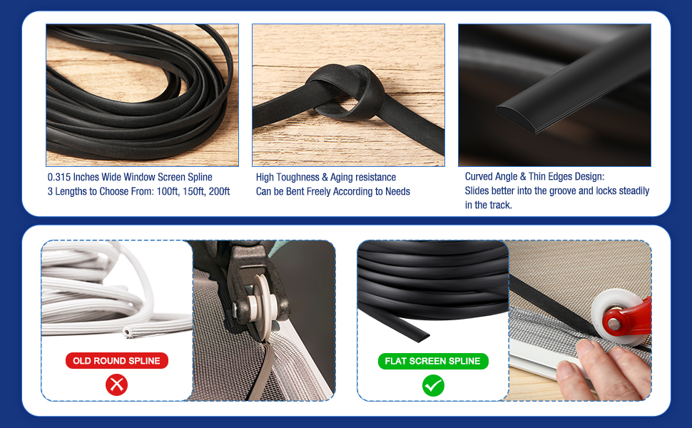 Flat Screen Spline 0.315 Width Vinyl Screen Spline Flat Bottom and