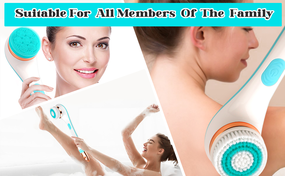 Body Brush Rechargeable, Electric Body Brush with 4 Brush Heads, Long