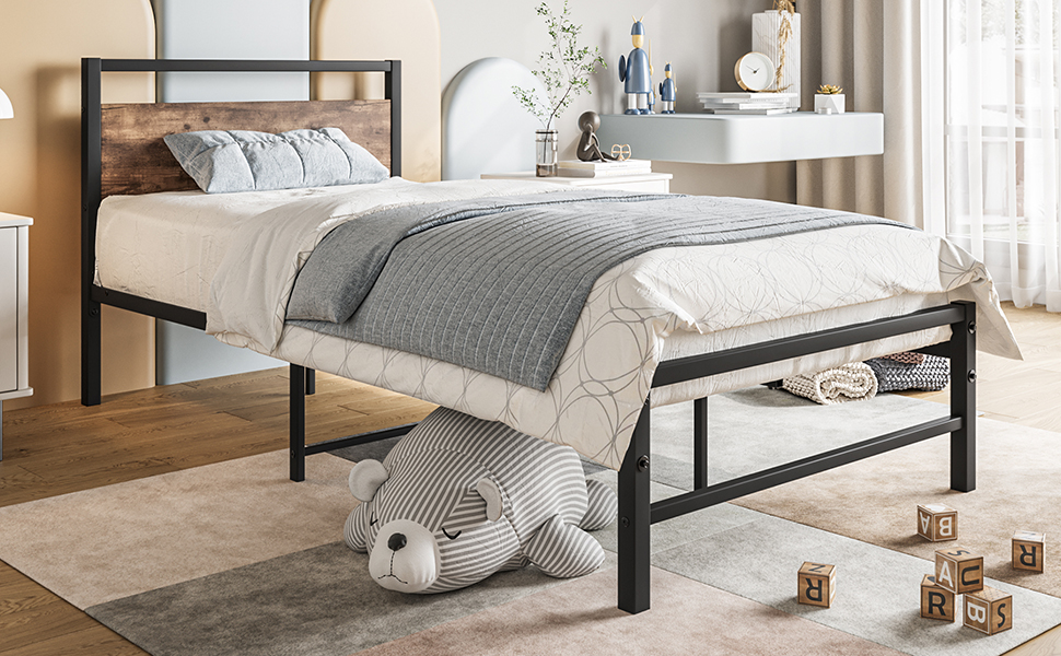 FOUBAM Full Size Bed Frame with Wooden Headboard,Metal