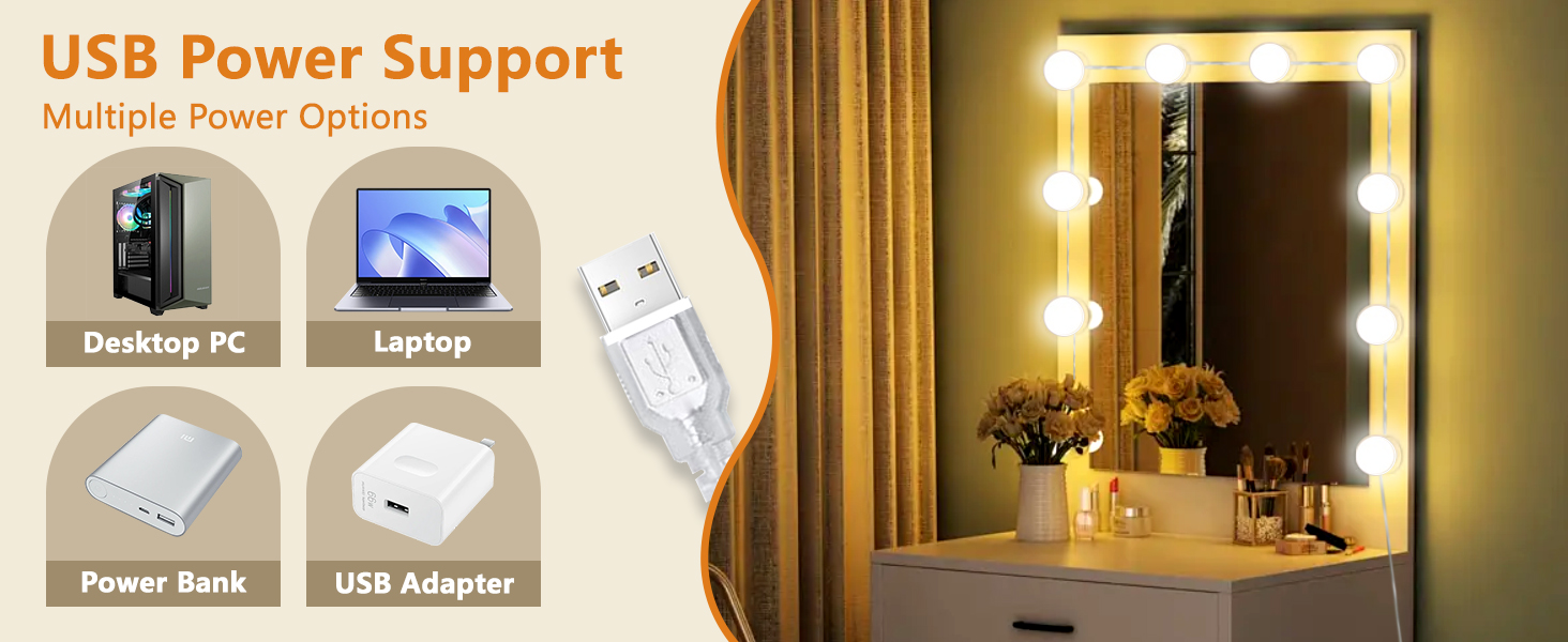 LED Vanity Mirror Lights with USB Cable, 3 Colours & 10 Levels