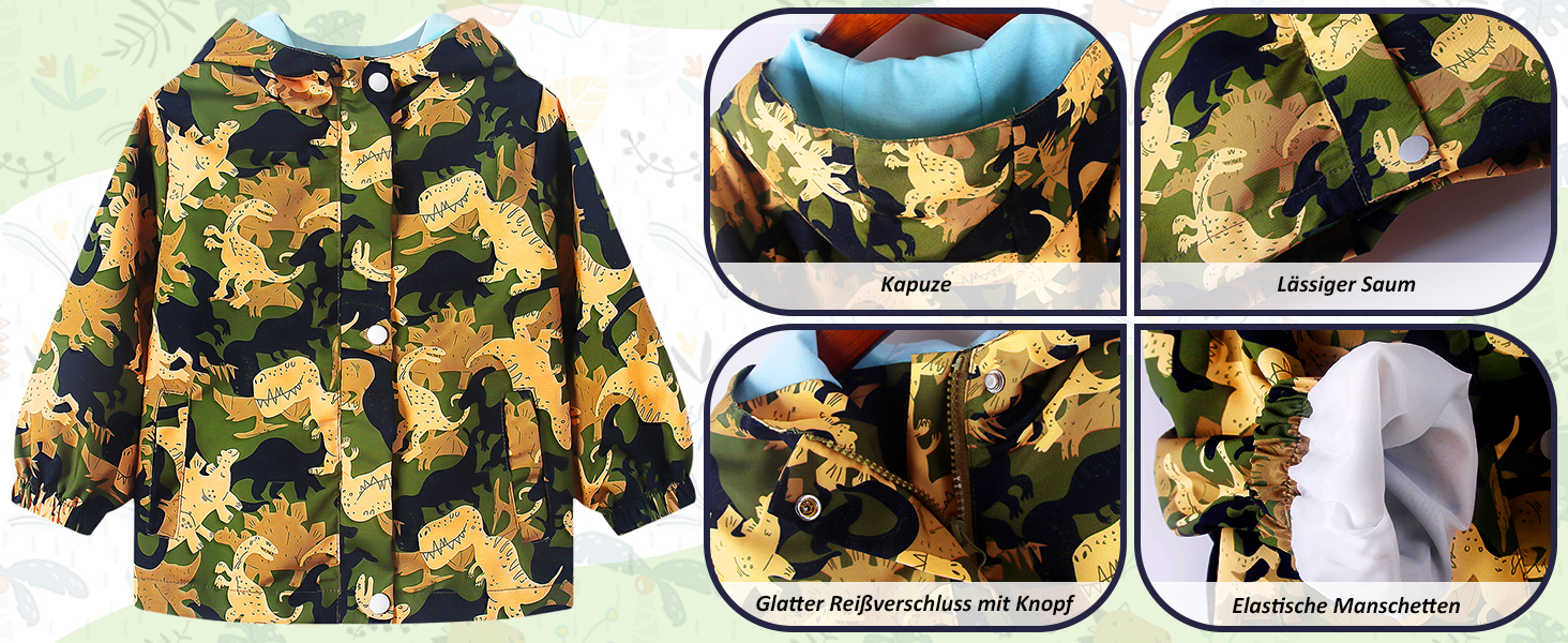 Children's camouflage raincoat with dinosaur pattern. Features hood, zipper closure, and elastic cuffs. Multiple panels show lining, seam details, and waterproof material.