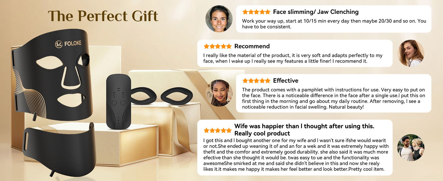 Product image of a black face-shaped device with cutouts for eyes, nose, and mouth. Shown alongside packaging and customer review snippets praising its effectiveness.