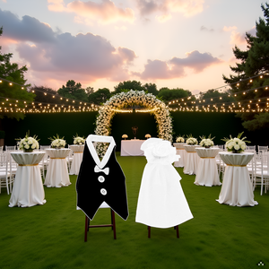 A table set for a wedding reception with wine bottles dressed as a bride and groom.