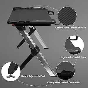 WOLTU Gaming Desk LED Black Computer Racing Table With Cup Holder Headphone Hook Black 12 1