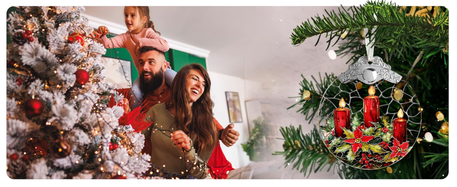 Christmas Candle Suncatcher Stained Glass Window Hanging, Festive Holiday