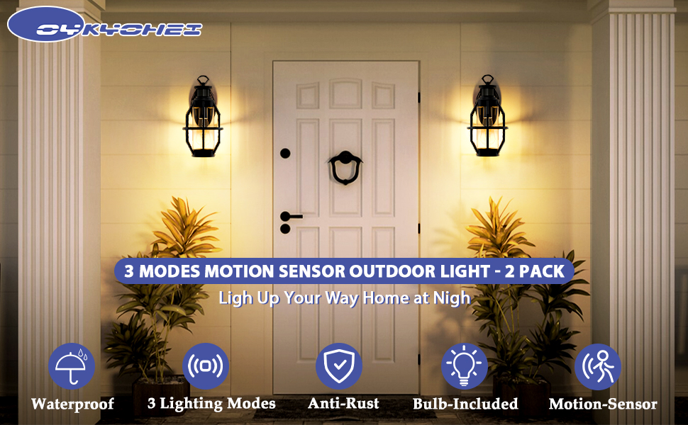 2 Packs Motion Sensor Outdoor Lights, Dusk to Dawn Porch Lights with Sensor, Exterior Porch