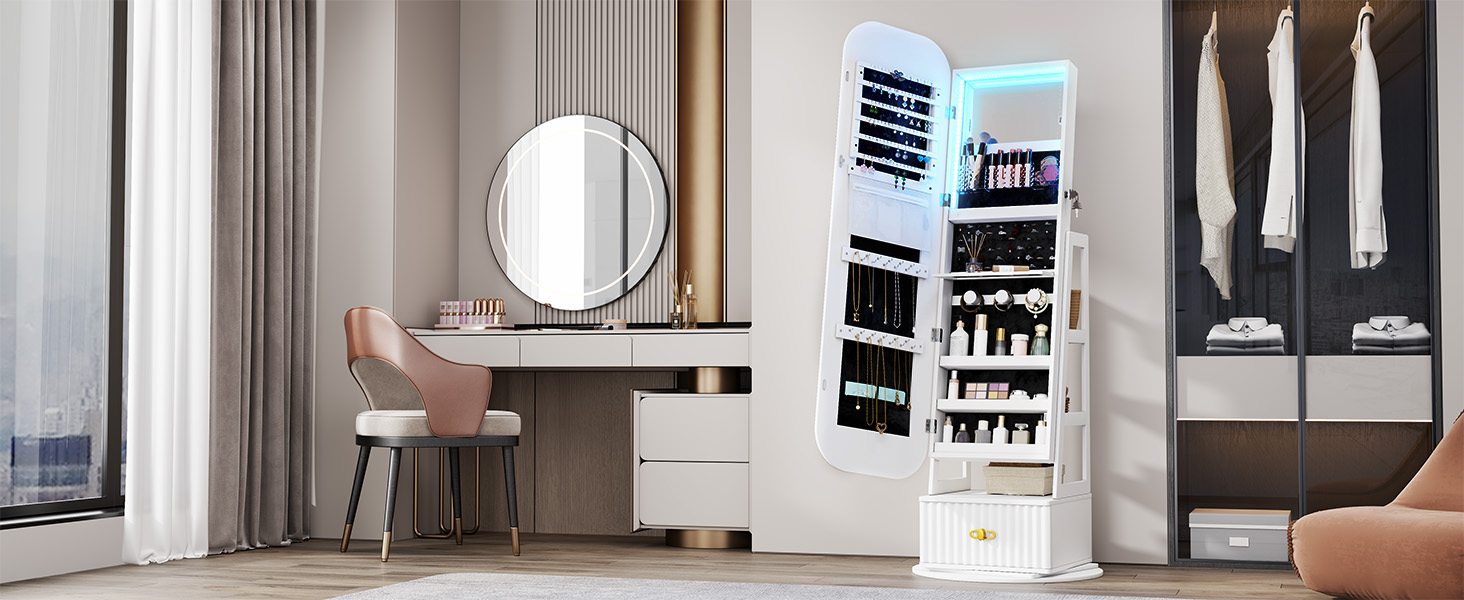 Jewelry Cabinet Full-Length Mirror Hidden Storage Jewelry Organizer Freestanding