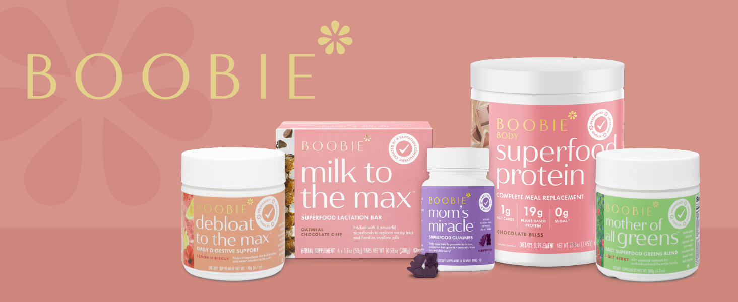 Full Boobie Superfoods Product Line including Debloat to the Max, Lactation Support Bars, and Shakes