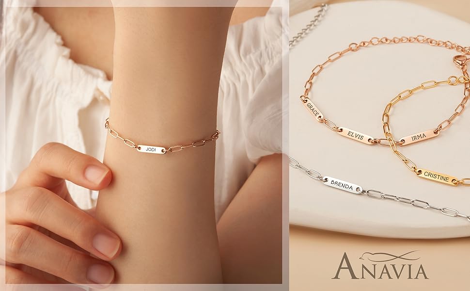 anavia personalized bar bracelet name bracelet paperclip link chain mother's day gift glossy