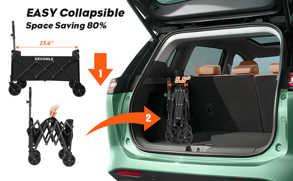 Text reads 'EASY Collapsible' and 'Space Saving 80%'. Shows car trunk storage solution with collapsible features and directional arrows indicating functionality.