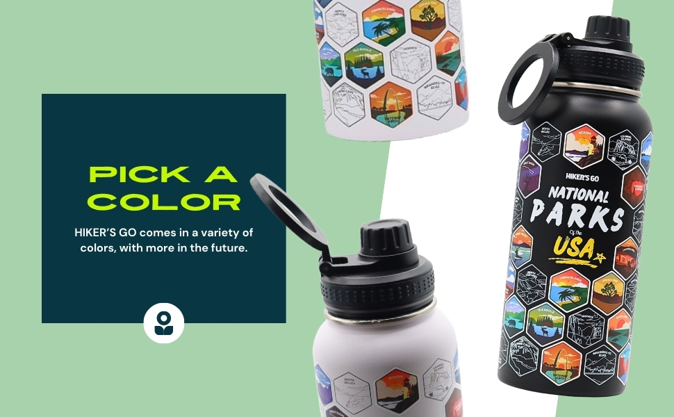 hiker's go water bottle, adventure bottle, botella de agua, magnetic lid, reusable water bottle