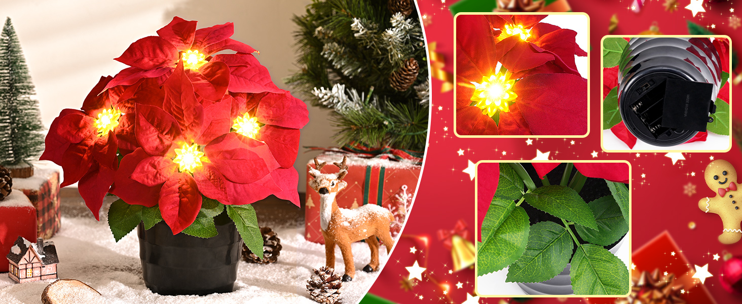 MARTINE MALL 2 Pack Artificial Poinsettias Flowers Potted