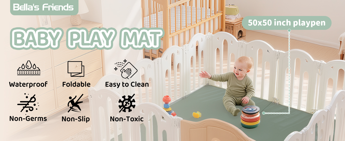 Baby 50 x 50 inch foldable play mat made with waterproof, easy to clean, non-slip and non-toxic.