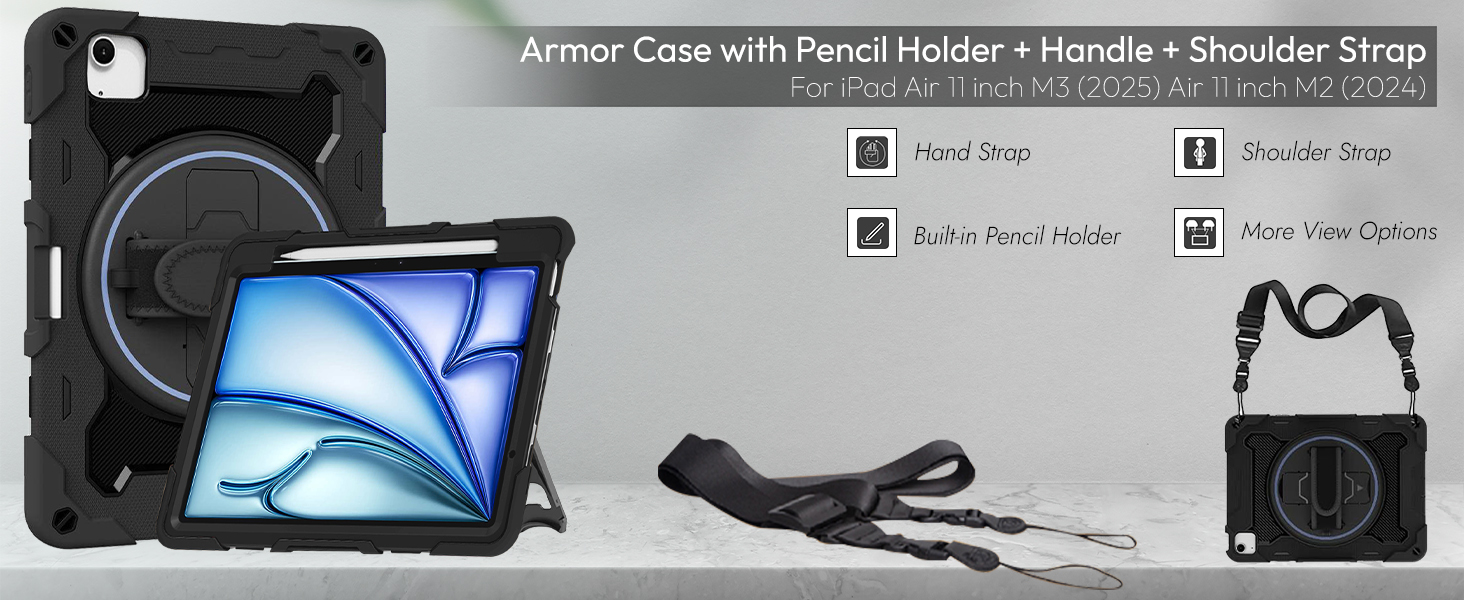 Armor Case with Pencil Holder + Shoulder Strap For iPad Air 11" M3 (2025) Air 11" M2 (2024)