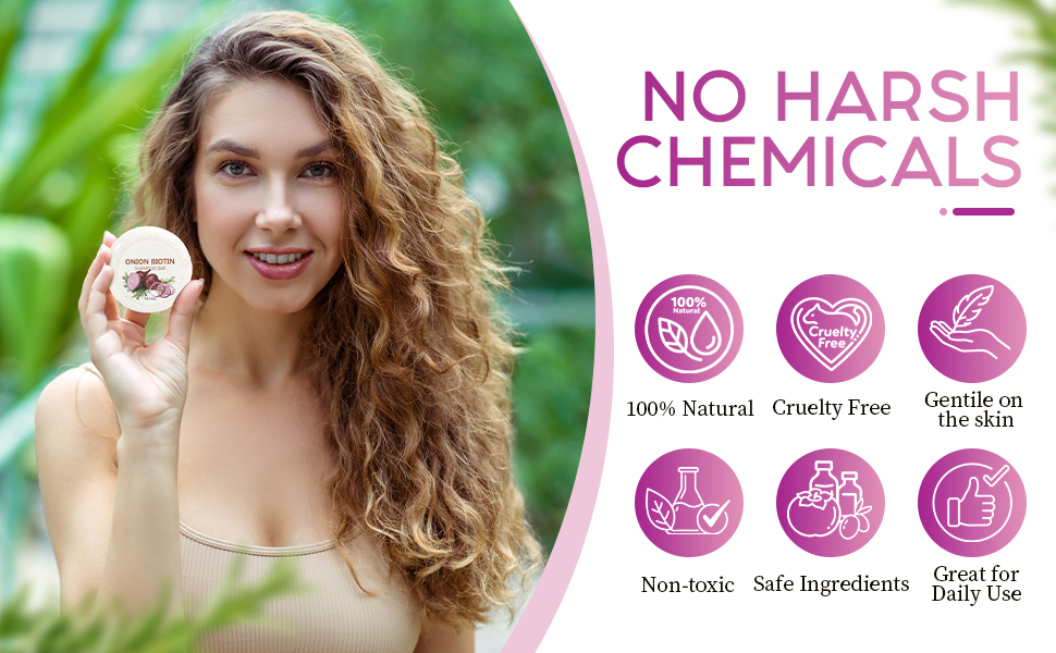 Le texte indique « PAS DE PRODUITS CHIMIQUES AGRESSIFS ». Icônes indiquant les caractéristiques du produit : « 100 % naturel », « Sans cruauté envers les animaux », « Doux pour la peau », « Non toxique », « Ingrédients sûrs », « Idéal pour un usage quotidien ».