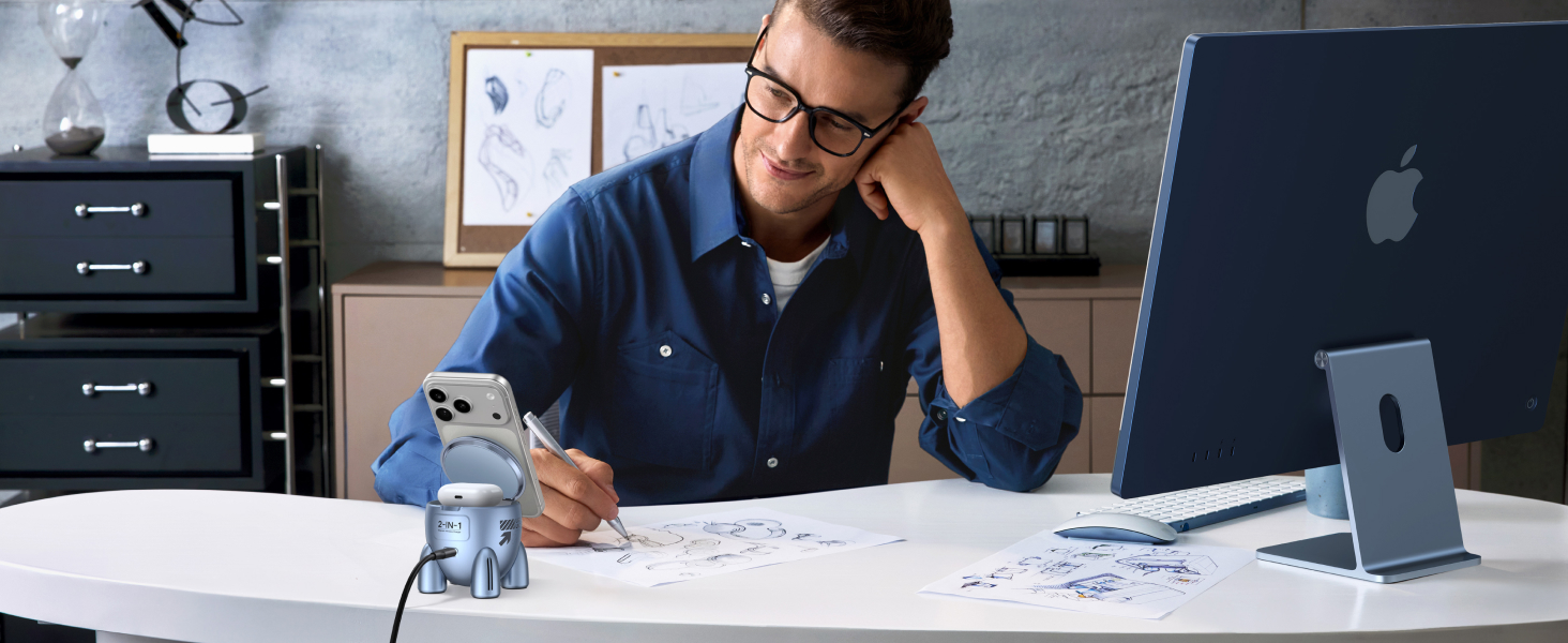 Series of images showing workspace setup with person using mobile device and laptop in office environment. Focus on productivity and desk organization.