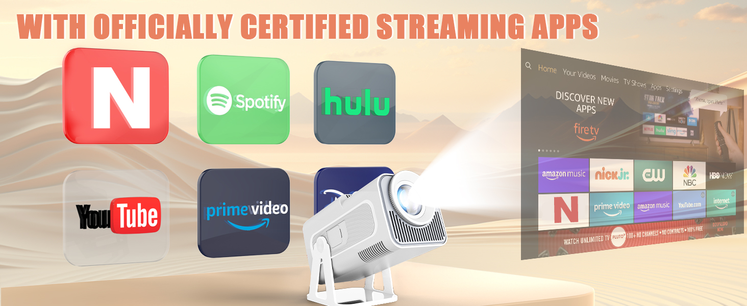 Text reads 'WITH OFFICIALLY CERTIFIED STREAMING APPS'. Display shows various streaming service icons including YouTube, Netflix, Hulu, and Spotify against a blurred background.