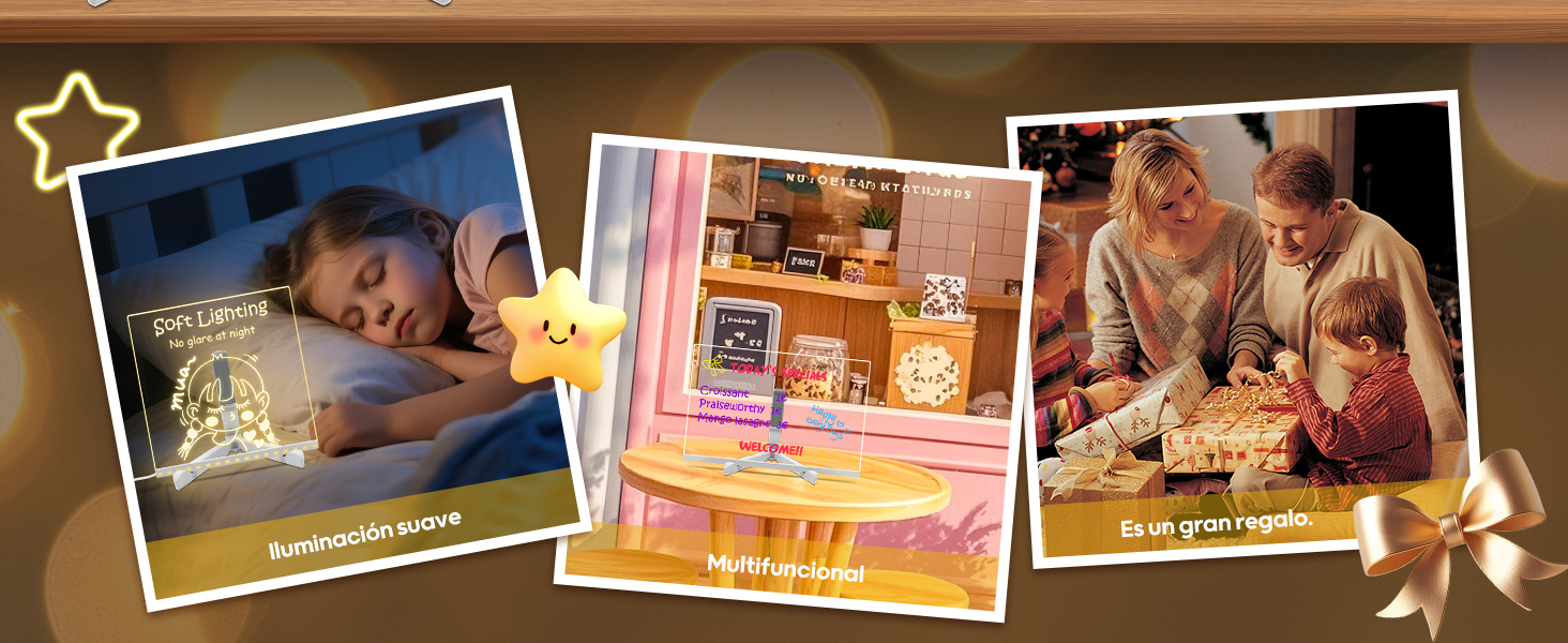 Tres fotos de estilo nostálgico en tonos sepia dispuestas horizontalmente que muestran momentos acogedores del hogar, decoradas con gráficos de estrellas y flores sobre un fondo marrón.