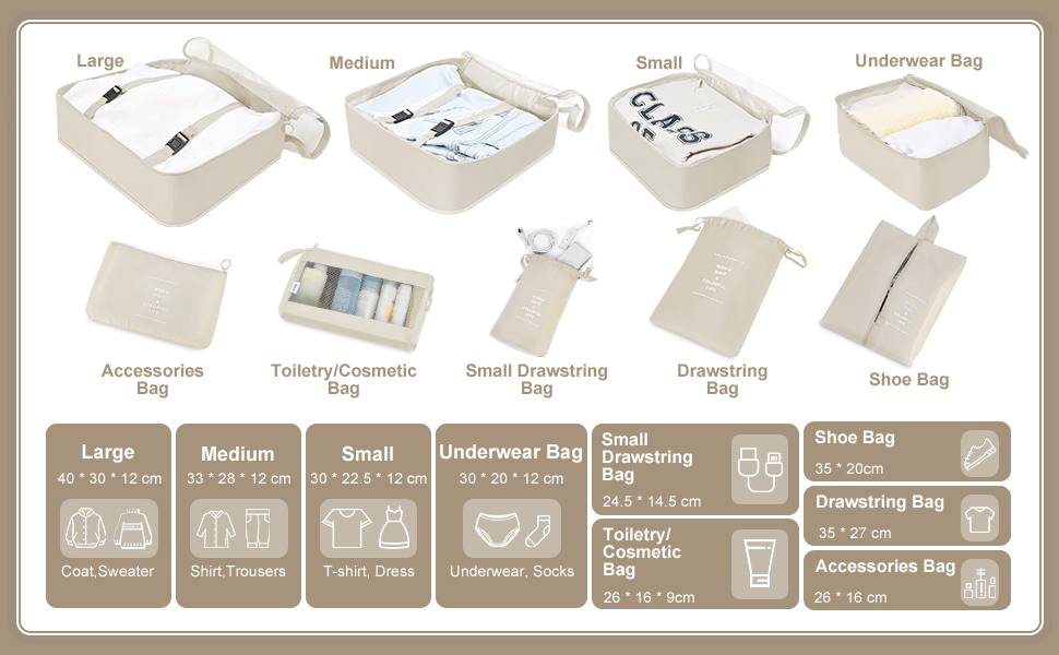 packing cubes,pochettes de voyage,idéals pour chaque membre de la famille, y compris les enfants.