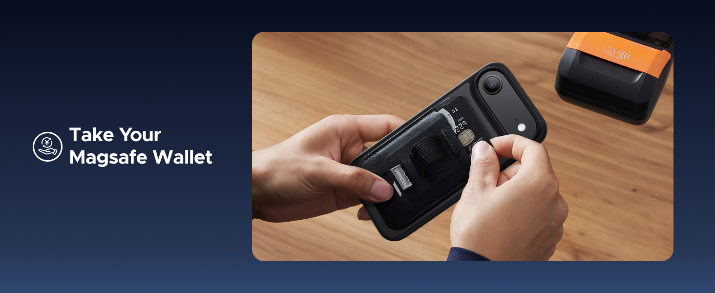 Text reads 'Magele Wallet.' Series of images showing a wallet or card holder interface on mobile device screens.