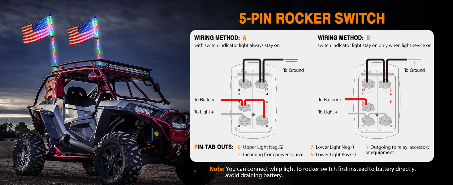 spiral RGB LED whip lights with 5-pin rocker switch