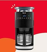 Black coffee maker with grinder on red and white background, featuring digital display and glass carafe.