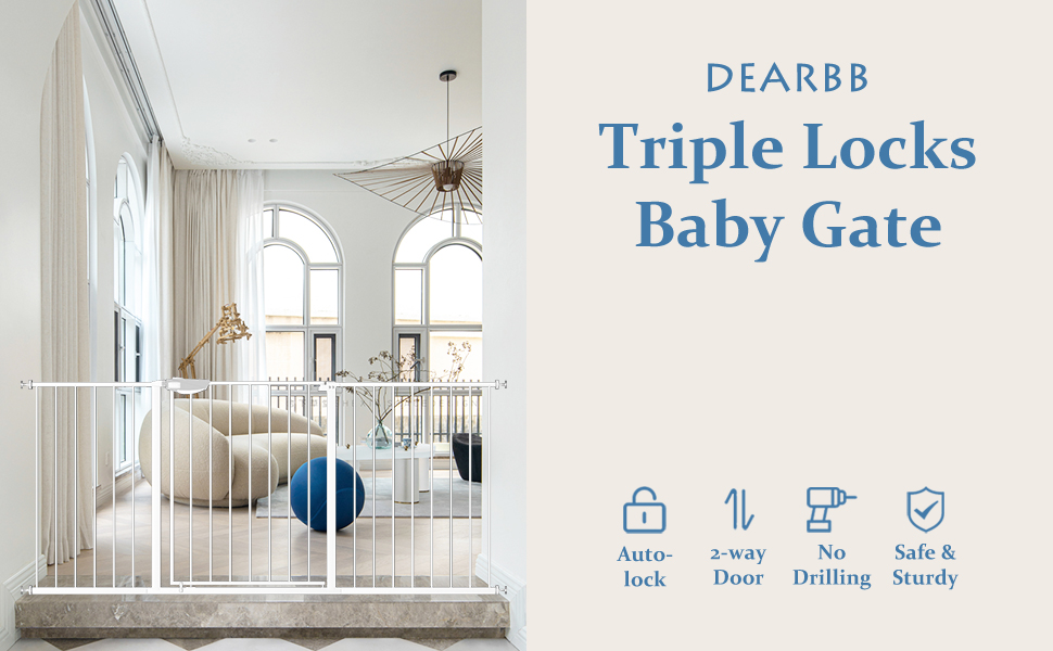 DEARBB Triple Lock Baby Gate for Stairs Doorways and House