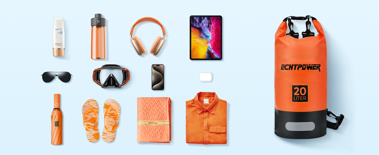 de artículos de viaje con bolsa impermeable naranja, auriculares, tableta, gafas de sol, máscara de buceo, chanclas y varios accesorios de temática naranja sobre