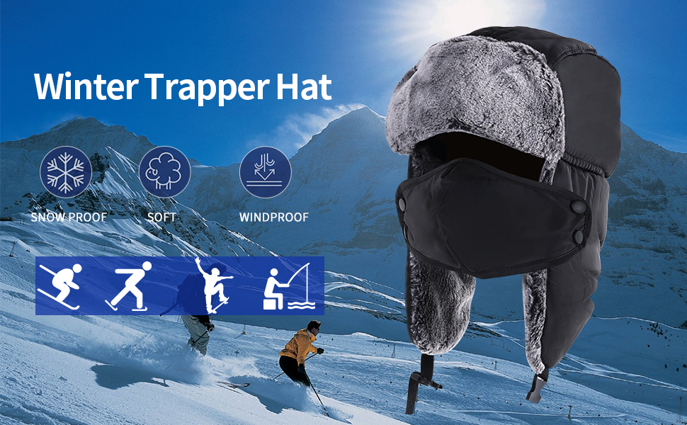 QXURkut Winter Trapper Hat with Earflap Mask for Men Women, Windproof Warm Trooper Hat Bomber