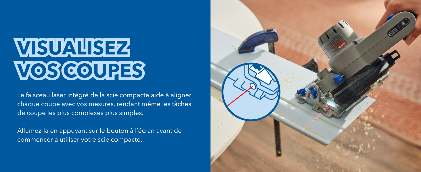 Illustration technique montrant des guides de mesure et de coupe pour le travail du bois ou la construction, avec des éléments de schéma bleus.