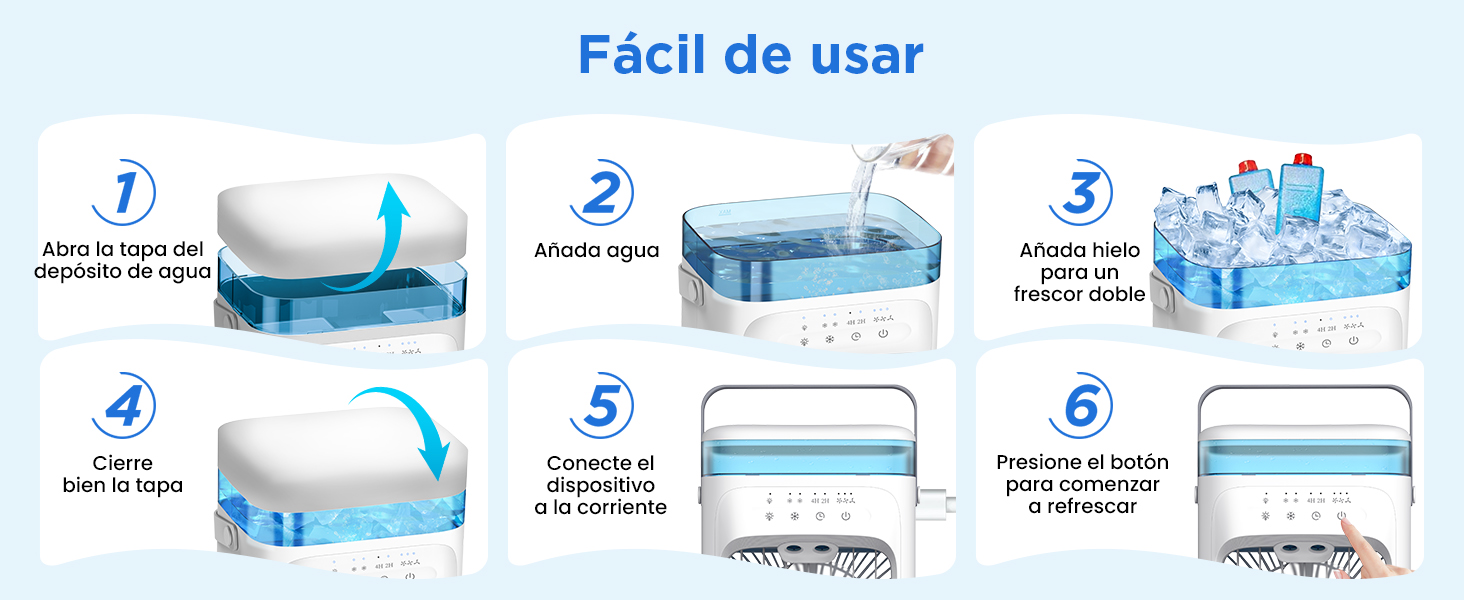El texto dice «Fácil de usar». Diagrama instructivo paso a paso que muestra seis etapas del montaje de lo que parece ser un producto azul.