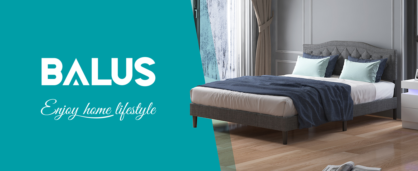 BALUS Upholstered Bed Frame with Headboard, King Platform