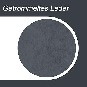 Close-up van donkergrijs leermateriaal met een mat, gestructureerd oppervlak. Afbeelding met de titel 'Getrommeltes Leder' (Duits voor 'Tumbled Leather')