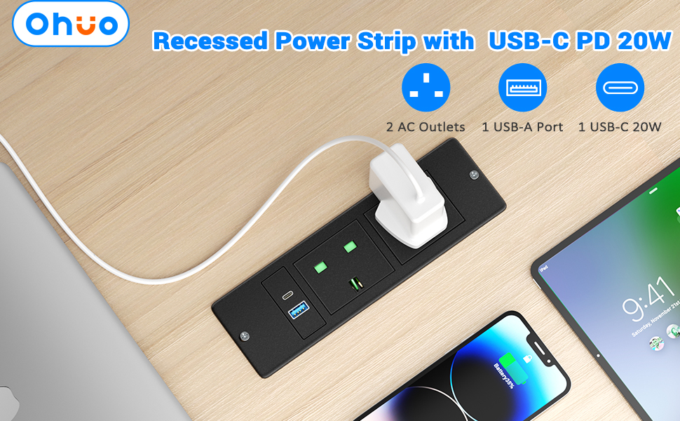 Desk Power Strip with USB C PD 20W, Ohuo Desktop Power Sockets Extension Lead with 2 USB